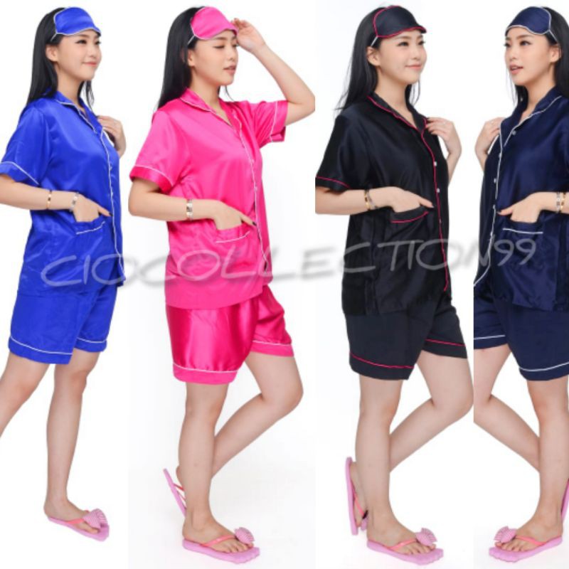 PIYAMA satin celana pendek setelan baju tidur polos set lengan hotpant cewek dewasa