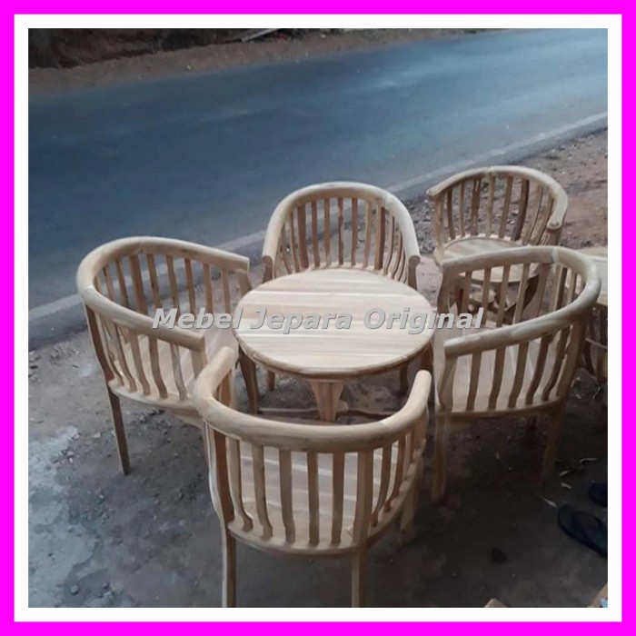 Meja Tamu bundar Kursi 4 kayu Jati Jepara Furniture Mentahan Original