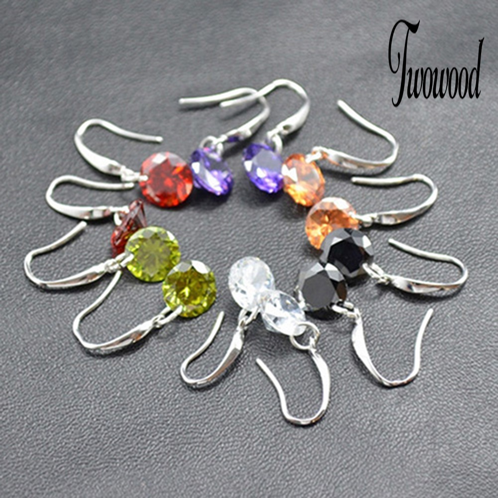 Anting Hook Silver Plated Bentuk Bulat Aksen Berlian Imitasi Untuk Wanita