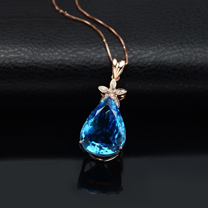 [Ready Stock]Stylish Water Drop Pear-Shaped Blue Gemstone Pendant Necklace