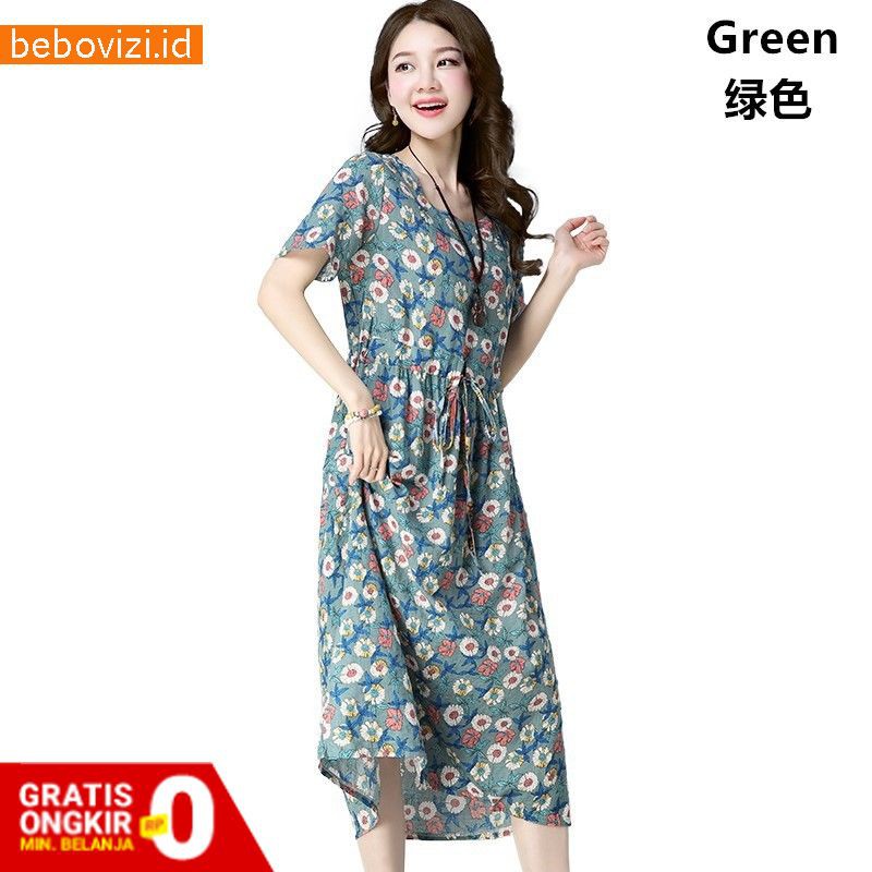 A-Line Dress Midi Casual Longgar Motif Bunga Bahan Katun Linen Untuk Wanita Musim Panas