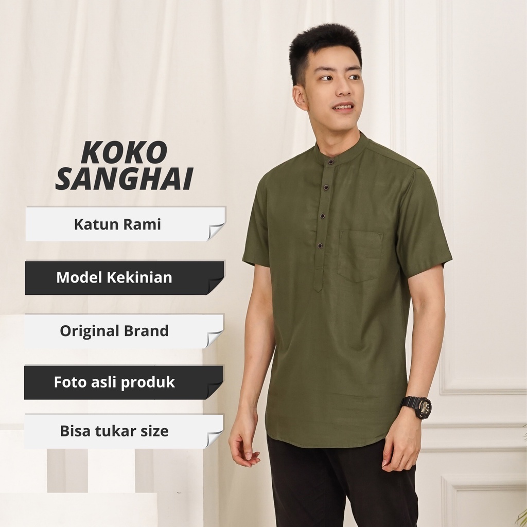 Kemeja Hem Koko Putih Polos Kerah Sanghai Slimfit Pria Dewasa Lengan Pendek Katun Distro Casual Pria