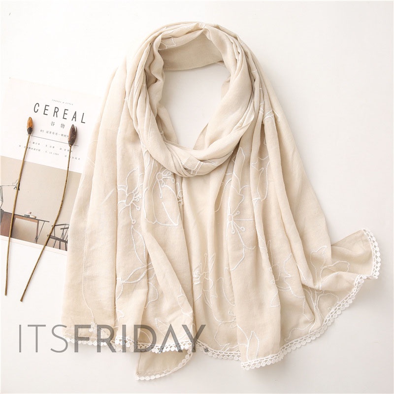 ITSFRIDAY NEVA Scarf - Premium Pashmina Shawl Selendang Syal Pasmina Hijab Import Motif Lace Renda Bordir Bunga Nude Cream