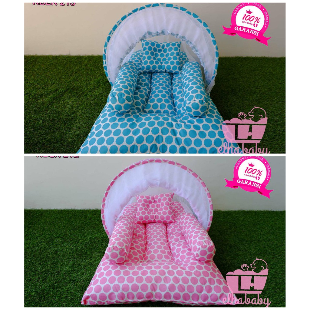 Kasur Bayi Kelambu Motif Polkadot/Dotty Pink Dan Hijau Tosca | Set Bantal guling | Harga Terjangkau