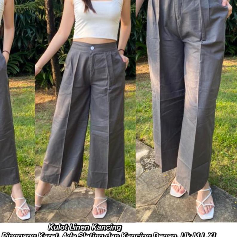 ♗ Celana Kulot Linen kancing polos Bahan linen Celana panjang wanita ✻