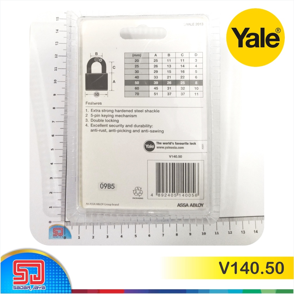 Yale V140.50 Gembok Kuningan 50mm Padlock Brass Material Hardened Steel