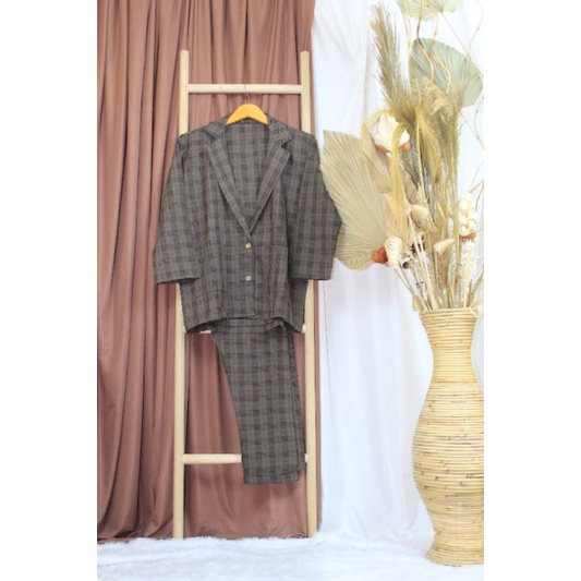 MIZU SET - Baju blazer setelan jas lucu dewasa semi woll perempuan cewe wanita ABG murah-Mocca