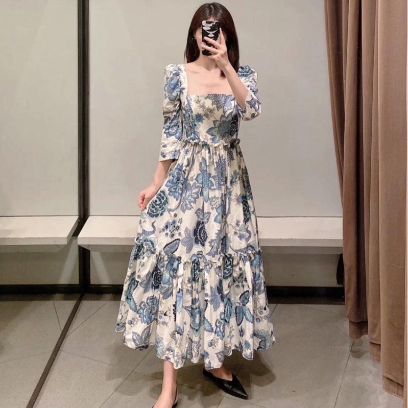 SARAH DRESS KOREAN VINTAGE CASUAL MIDI PUFFY SQUARE KERUT KARET MAXI