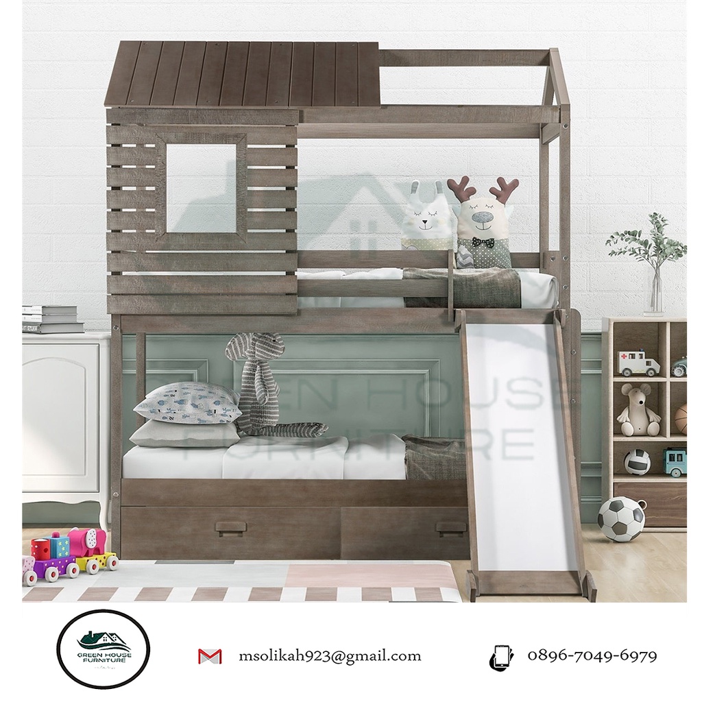 Green house furniture Tempat Tidur Anak Tingkat Ada Perosotan bentuk rumah bed tingkat divan tingkat