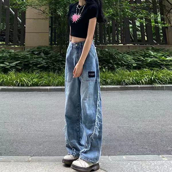 celana jeans pinggang tinggi wanita denim wide leg celana longgar lurus wanita pinggang tinggi mengg