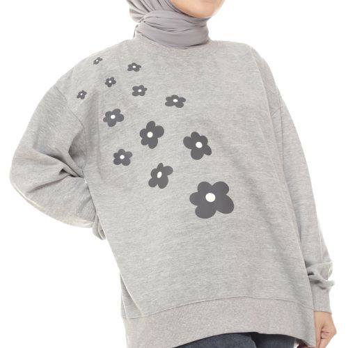 Biiu Sweater Wanita Flower Grey Misty Crewneck Oversize