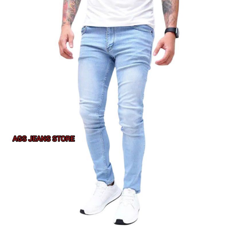Celana Jeans Pria Slmifit Jeans Warna Biru Muda 27-34 Ripped Jeans original - Denim Distro