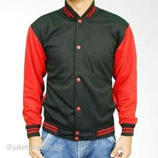 SWEATER_ID Jaket Baseball Hitam-Merah Polos Unisex