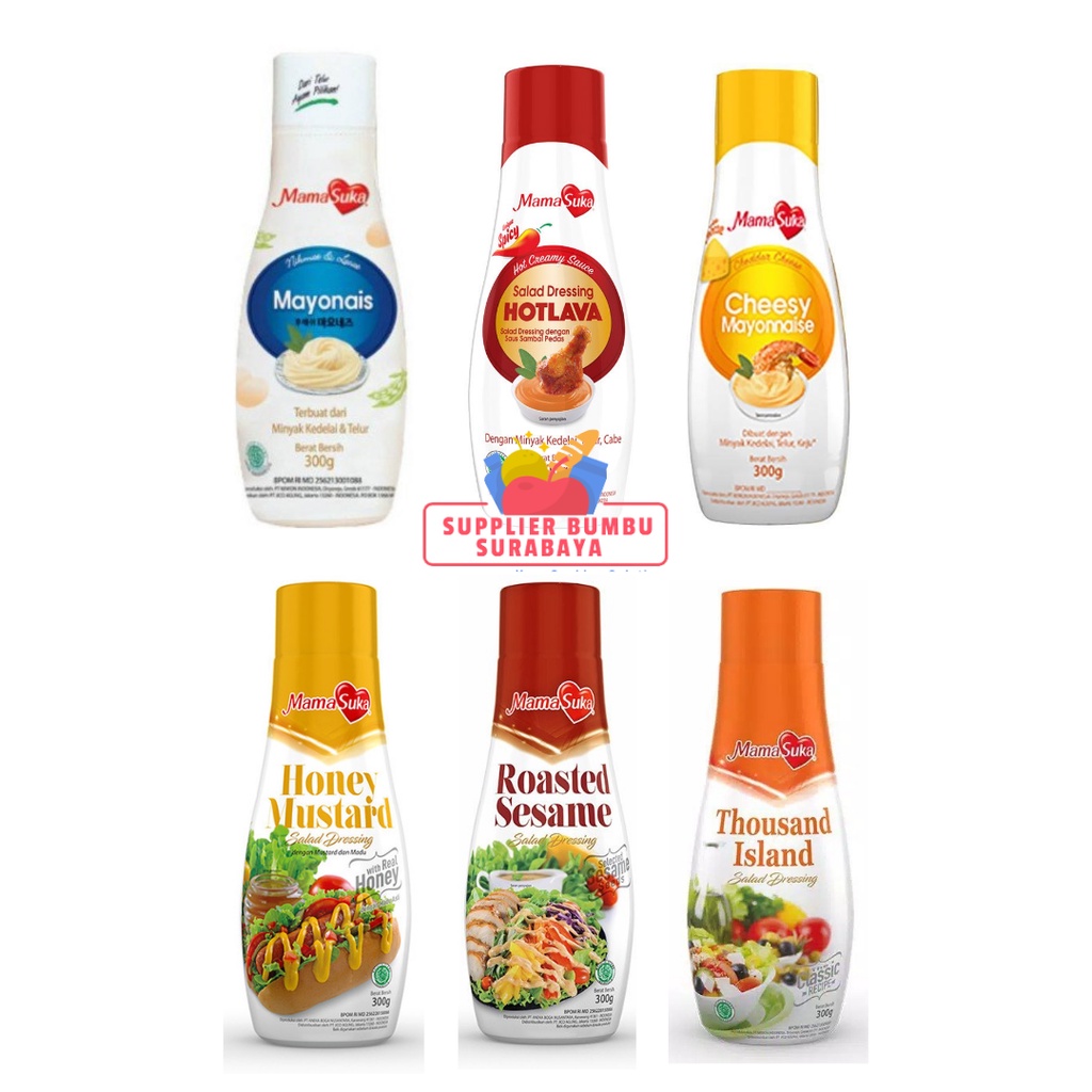 

MamaSuka Salad Dressing Thousand Island Roasted Sesame Honey Mustard Hot Lava Cheesy Mayonaise Botol 300g