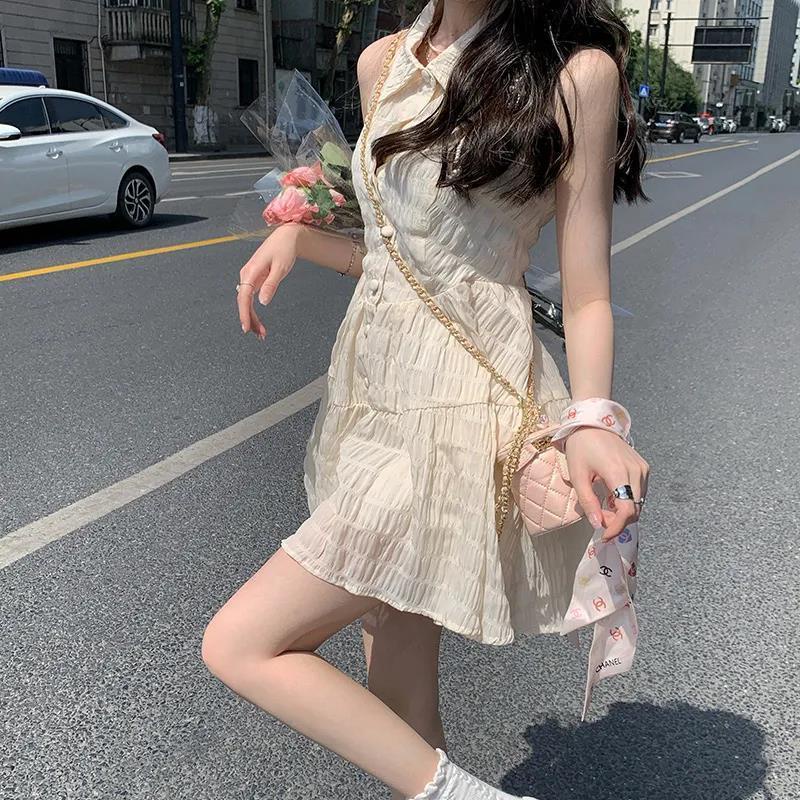 dress korean style elegant waist dress summer French sweet slim open back halter skirt women