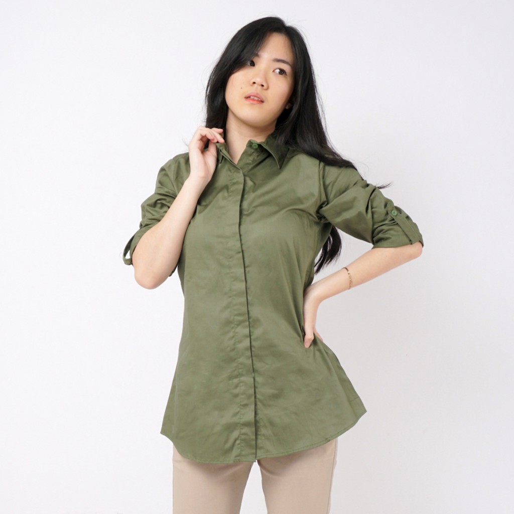 Kemeja Wanita Polos Lengan Panjang Slimfit - Hijau Army - Aura Catalogue Slimfit Plain Shirt