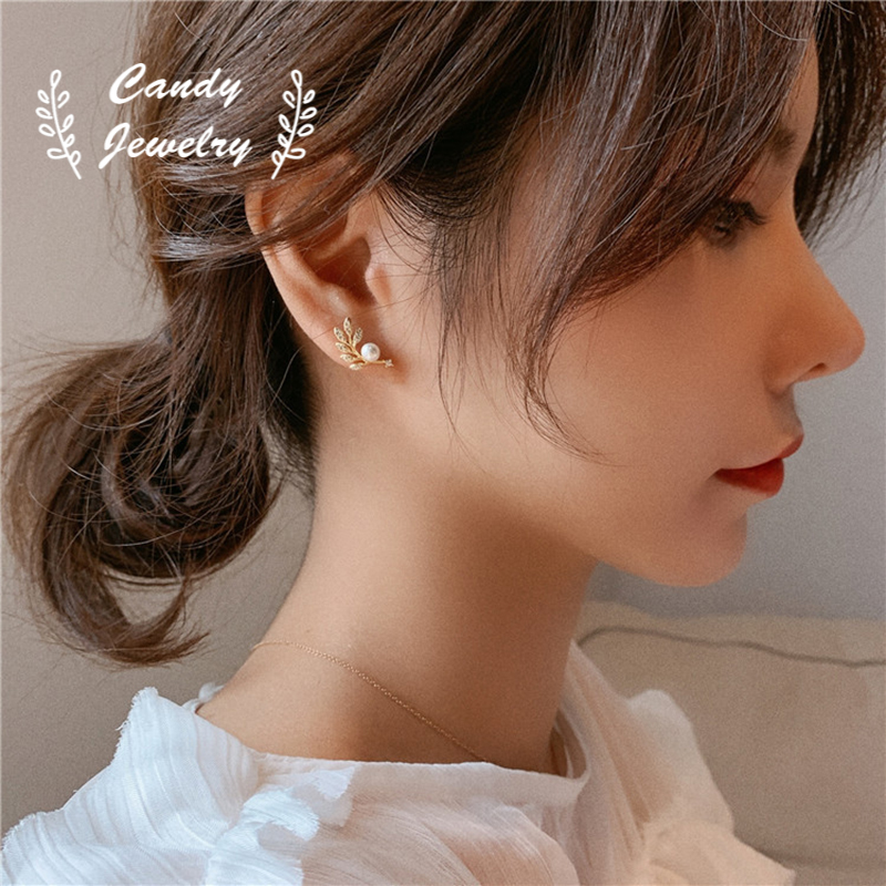 Anting Tusuk Sterling Silver 925 Desain Daun Hias Zircon Mutiara Gaya Korea Untuk Wanita