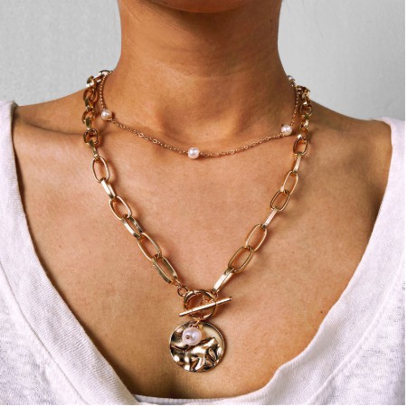 YEEZII Fashion Retro Mutiara Korea Kalung Emas Multilayer Lock Heart Liontin Rantai Emas Kalung Wanita Perhiasan Aksesoris