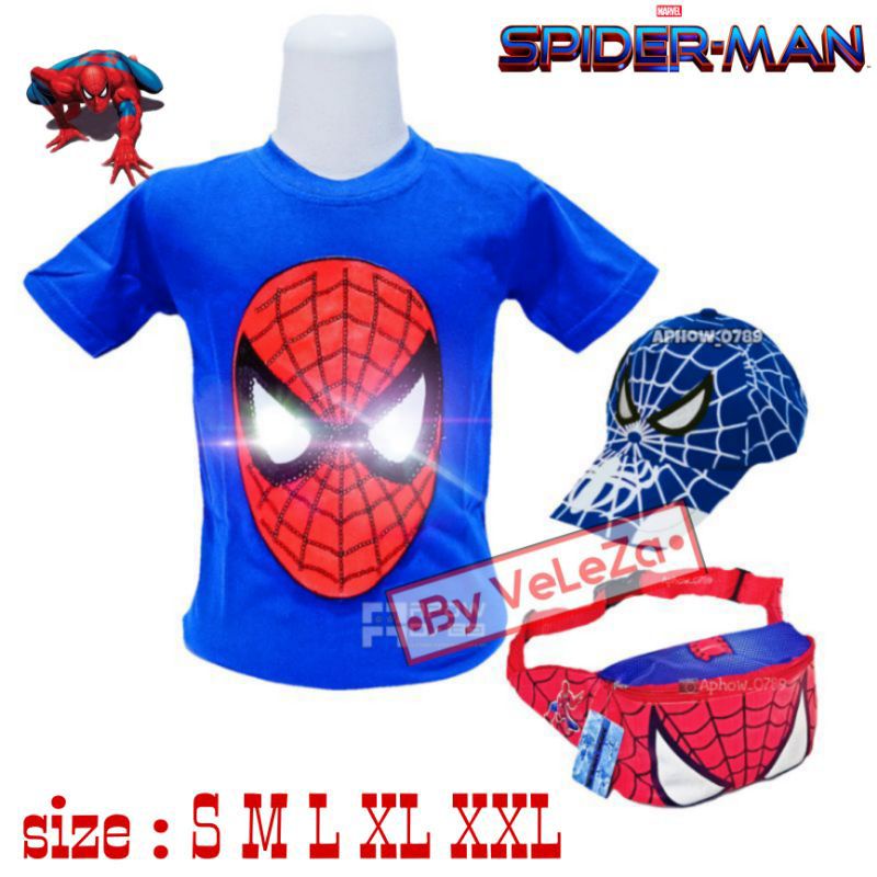 Baju anak Led spiderman gratis waistbag topi - baju anak