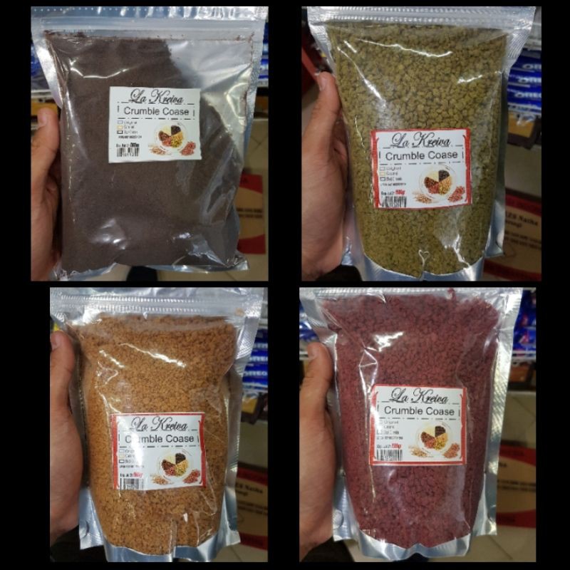 

500 gr La Kreiva Crumble Coase coklat, red velvet, green tea, keju, caramel