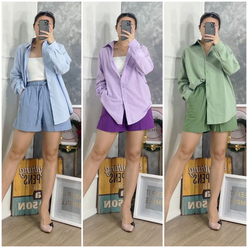 ⚡️CLEARANCE SALE ♡ PREMIUM ♡ ORIGINAL ! JANESSA TWO TONE  2 IN 1 SET LONG SLEEVE COLLAR  BUTTON SHIRT WITH SHORT PANpTS / SETELAN POLOS KEMEJA &amp; CELANA PENDEK ( BUSUI FRIENDLY )