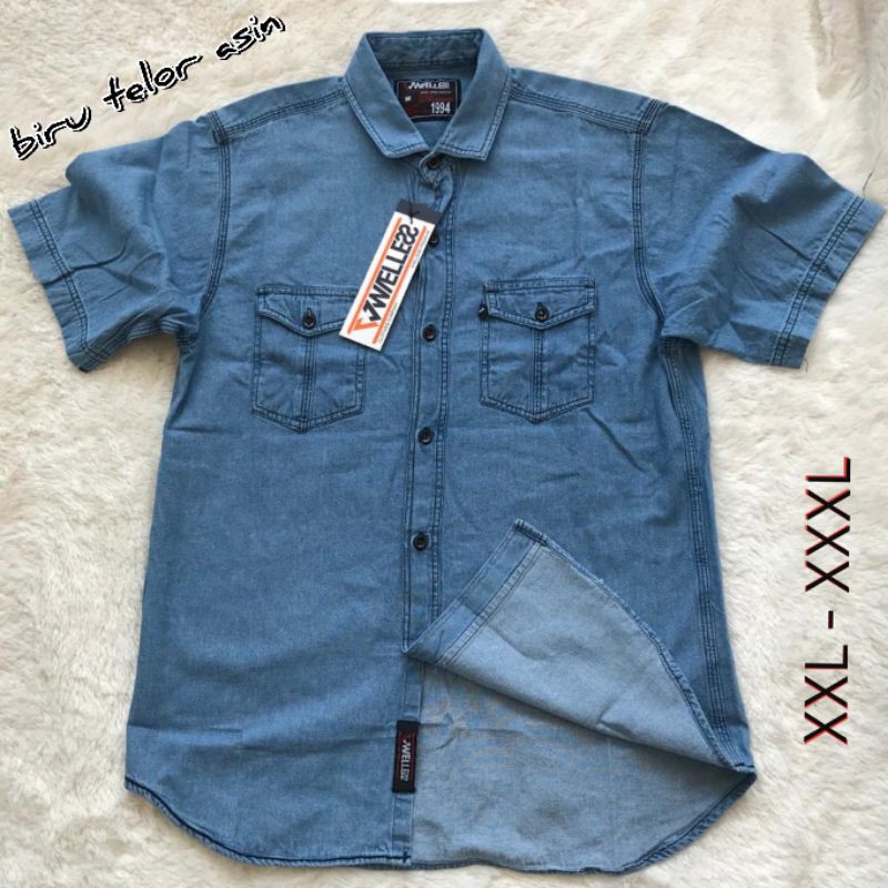 Kemeja jeans jumbo / denim lengan pendek pria terpopuler big Size XXL - XXXL