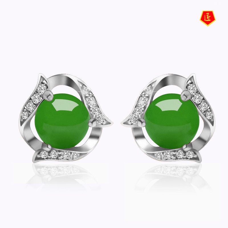 [Ready Stock]Hetian Jade Ear Studs Women's S925 Silver Elegant