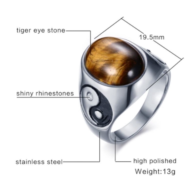 SEUSUK Vintage Boy Oval Tiger Eye Brown Stones with Yin Yang Symbol Ring Jewelry