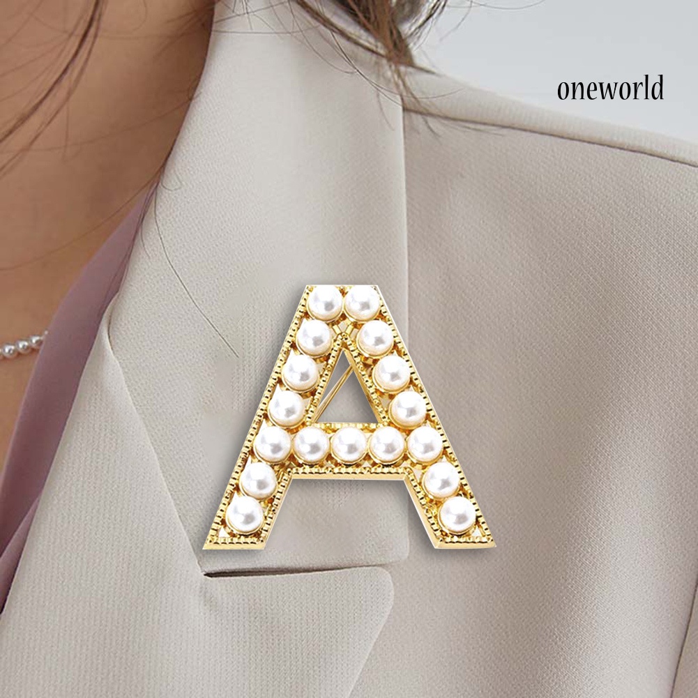 OW@ Elegant Women Faux Pearl Beaded Uppercase Letter Brooch Pin Suit Lapel Badge