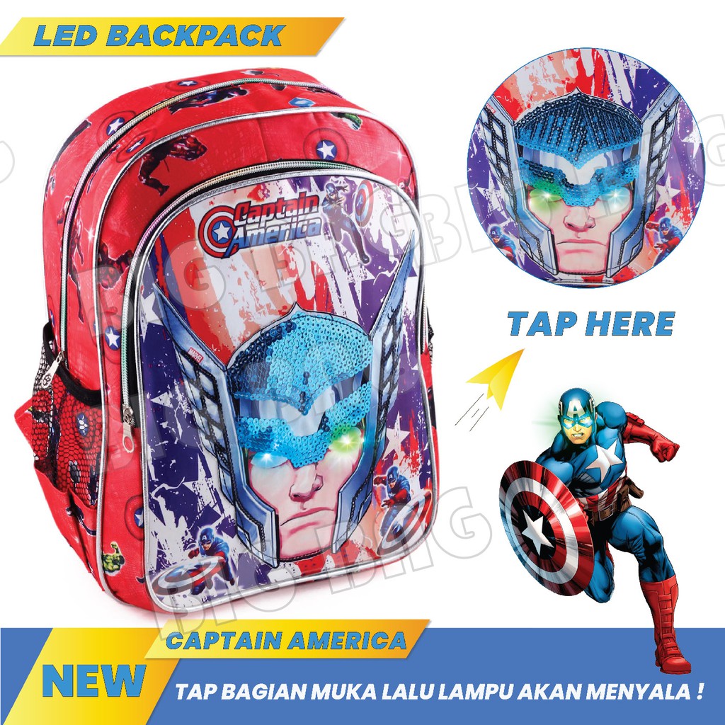 PTS - Tas Anak Laki Sequin CAPTAIN AMERICA - EXTRA - THE ULTIMATE POWER - UKURAN SD RANSEL LED TAS SEKOLAH