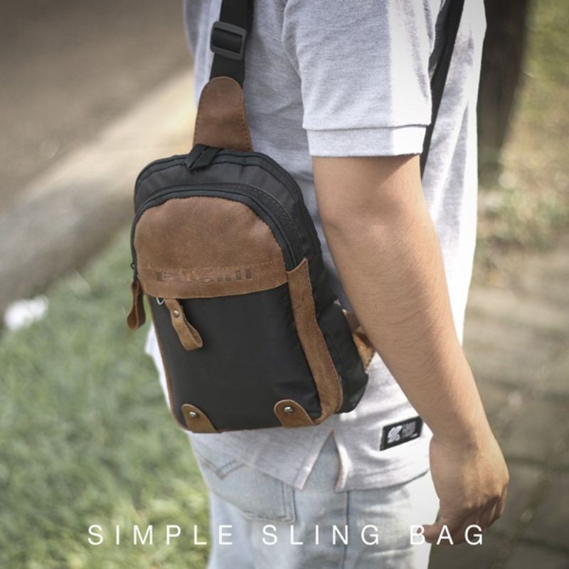 PUSIILL - Tas Salempang Pria Kulit Keren | Simple Sling Bag Selempang Premium | Hitam - Coklat