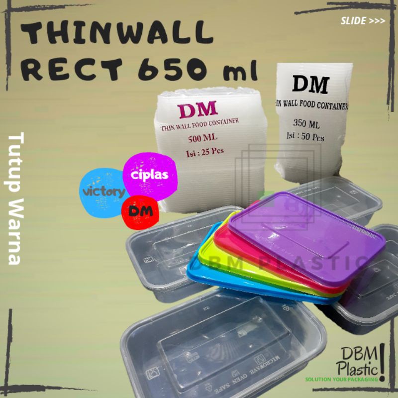 (Isi.25pcs) Kotak Makan Plastik 650 ml Tutup Warna / Thinwall Rec 650ml / Food Container 650ml