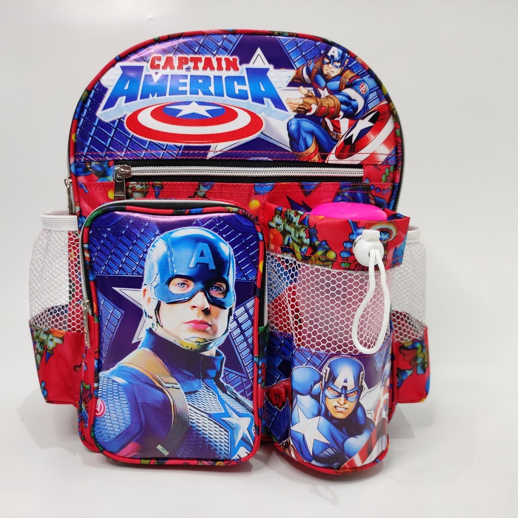 Tas Ransel Sekolah Anak Laki-laki Karakter Captain America Ukuran Kecil / Untuk TK-SD / Gratis Botol