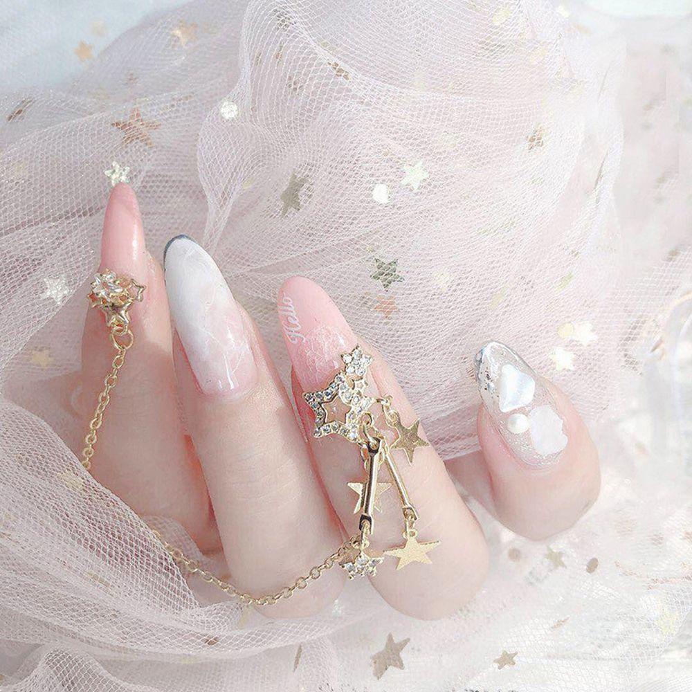 AUGUSTINA Agustinina Bintang Rantai Nail Art Fashion Net Merah Perak Hiasan Kuku Manikur Aksesoris Nail Art Rhinestones