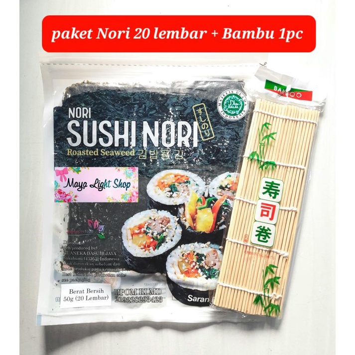 Paket bahan sushi nori 20 lembar dan bambu 1pc makisu rumput laut bento seaweed murah