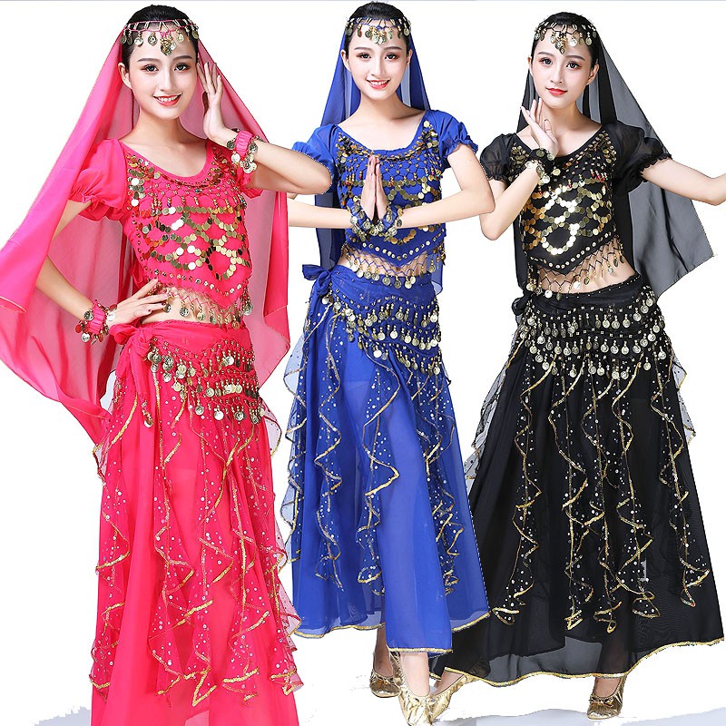 KOSTUM TARI PERUT TARI TAMBORIN ARABIC BELLY DANCE SUIT SET ATASAN BAWAHAN BAJU ROK PENTAS PUTRI JASMINE ALADIN KOIN COIN