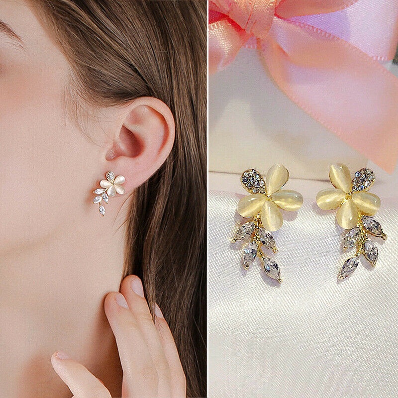 Fashion Gold Flower Opal Crystal Stud Earrings Hooks Water Drop Dangling Female Jewelry