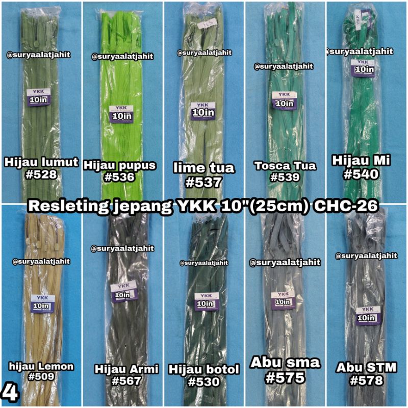 Resleting jepang YKK 10in/25cm CHC-26 @1lusin =rp.55.000/12pcs