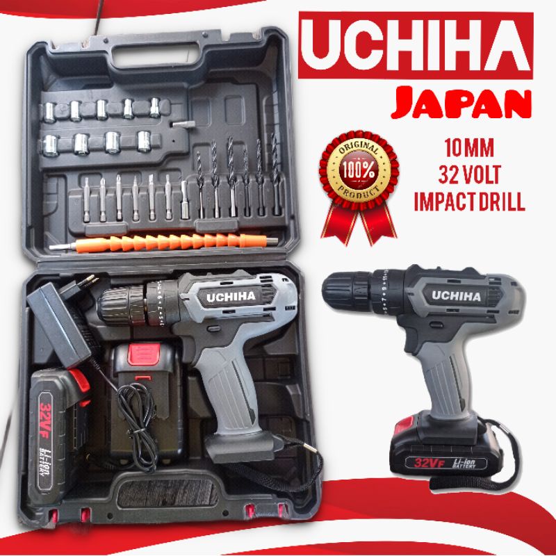 PROMO Mesin Bor Baterai 32 volt 10 mm UCHIHA JAPAN  Impact Drill BETON BESI KAYU DLL fullset accesso