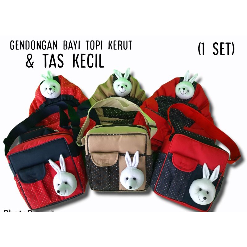 gendongan bayi topi kerut &amp; tas kecil ( 2 in 1) set