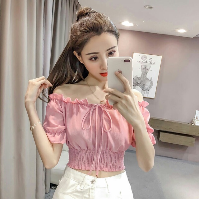  Baju  Sabrina Crop  Top  Kerut ada Tali Pink Putih Fashion 