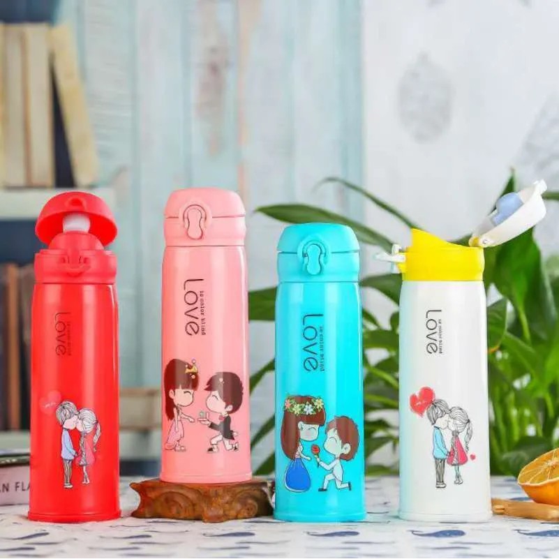 MOS Botol Minum Kaca Kancing Motif Pure Love 500ml / Glass Bottle Termos Air Panas Dingin