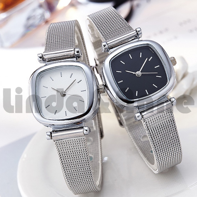 Jam Tangan Wanita Kecil Elegan Dial Kotak Dengan Strap Karet Pasir Fashion Casual Wanita