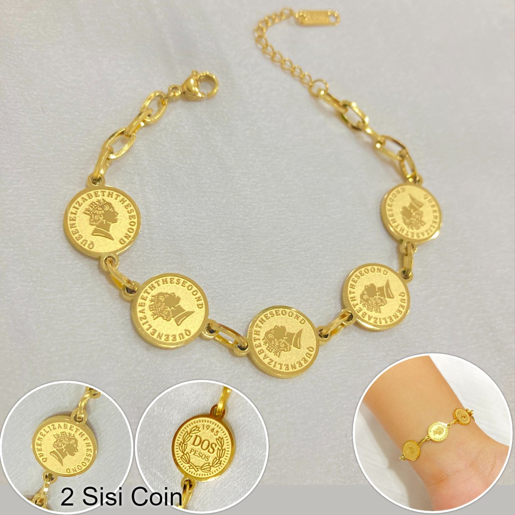 Gelang Rantai Titanium Coin 2 Sisi Aksesoris Perhiasan Wanita Korea Vintage Style