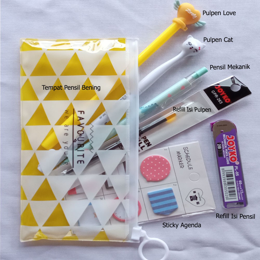 

SATU SET ALAT TULIS LENGKAP TEMPAT PENSIL BENING ZIP PULPEN GEL KARAKTER STICKY NOTE AGENDA PENSIL