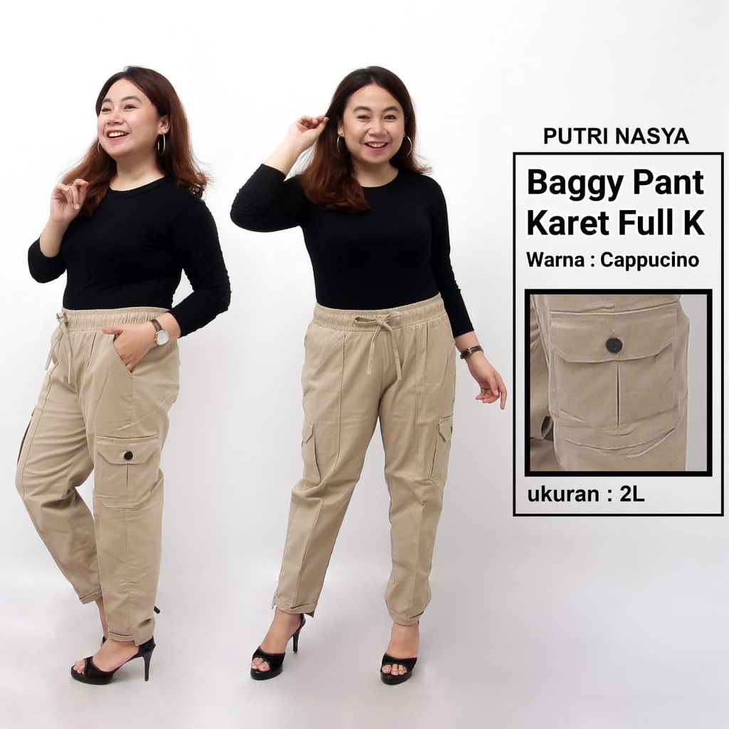 Celana Baggy Pant K Karet Full Super Jumbo XXL, 4L, 5L, 6L, 8L Chino Stret Cream Moca Capucino Hitam / Celana Kantor Wanita Jumbo / Celana Kerja Big Size Wanita / Celana Karet Katun Super Big / Celana Kekinian Model Terbaru / Celana Bahan Formal