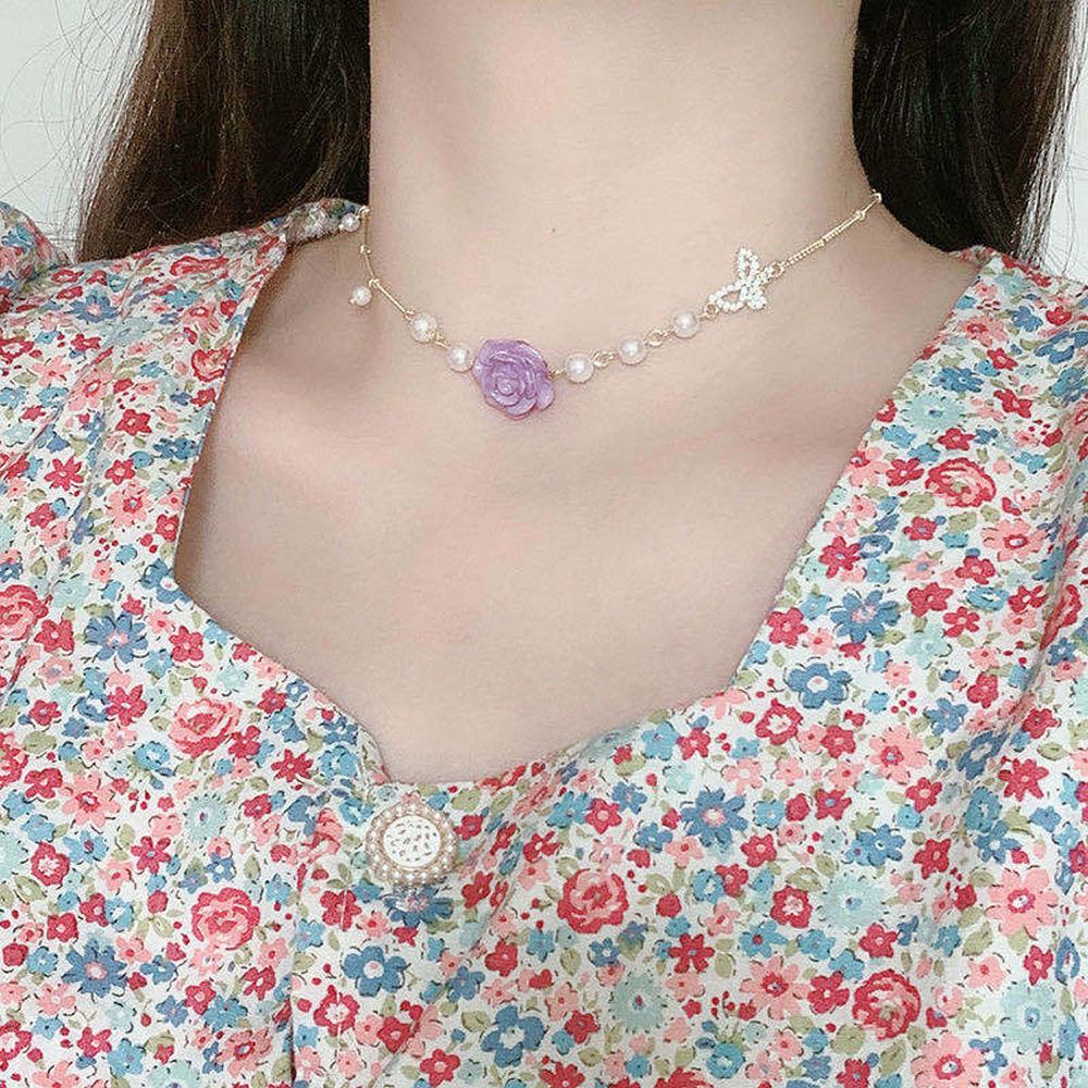 Needway Kalung Mutiara Fashion Perhiasan Gadis Wanita Geometris Temperamen Kristal Klavikula Rantai