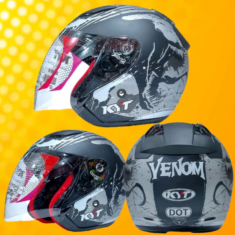 Helm KYT DJ MARU Motif Venom Black Matt Silver Half Face ORIGINAL