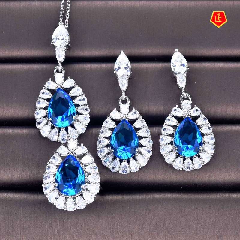 [Ready Stock]Luxury New Topaz Ring Yellow Diamond Stud Earrings Necklace Set