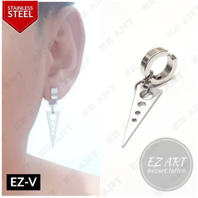 1Pc Model EZ-V Silver Anting Jepit Tusuk Variasi Bandul Gaya Punk Korea KPOP Stainless Steel